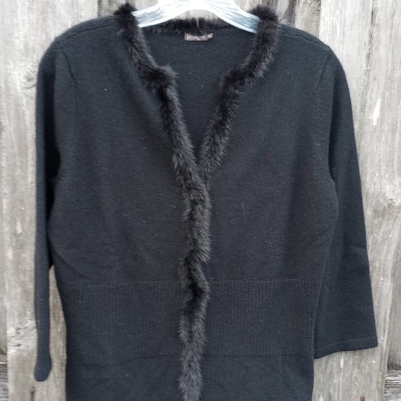 J. McLaughlin black rabbit fur edged cashmere cotton sweater cardigan S NEW - Picture 1 of 7